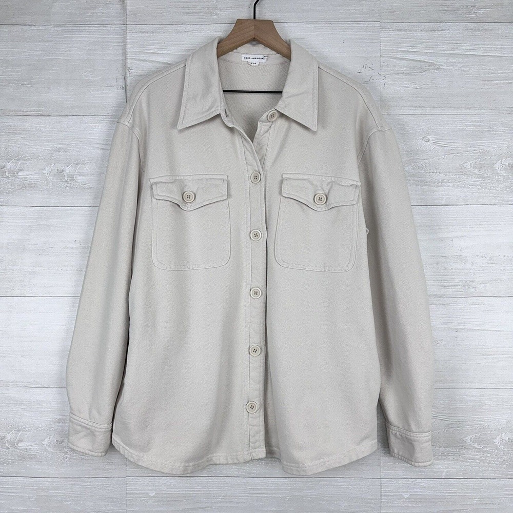Good American Shacket Shirt Jacket Size 3/4 Large Button Up Cotton Terry Cream - Picture 13 of 13